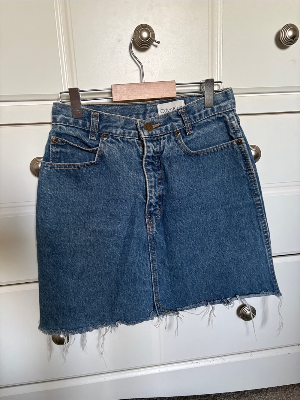 Calvin Klein Distressed Blue Denim Mini Skirt
